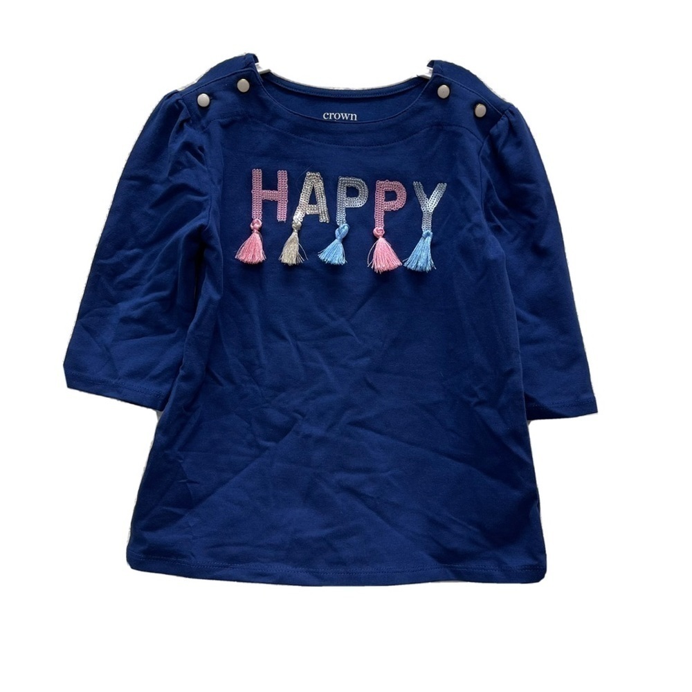 Crown & Ivy Girls Blue 3/4 Sleeve T-Shirt 4T HAPPY Tassels Pink Embroidered